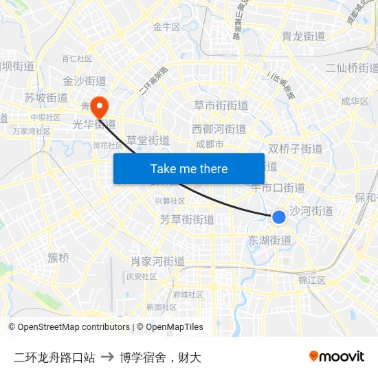 二环龙舟路口站 to 博学宿舍，财大 map