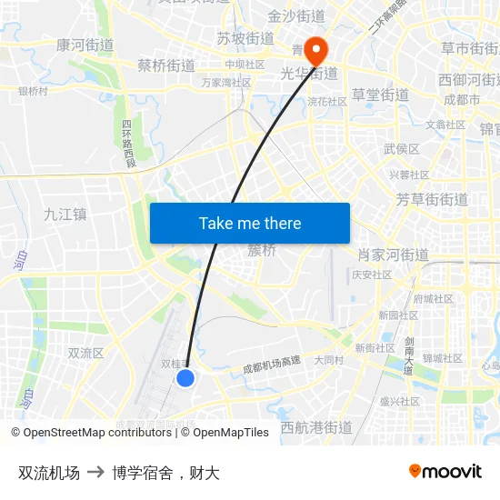 双流机场 to 博学宿舍，财大 map