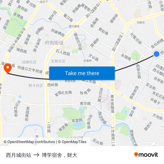 西月城街站 to 博学宿舍，财大 map