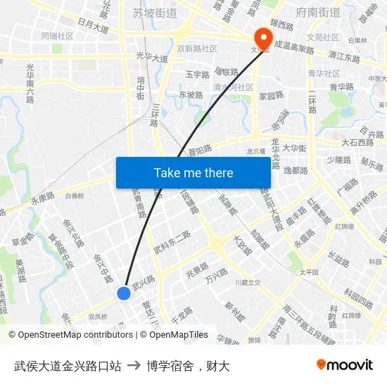 武侯大道金兴路口站 to 博学宿舍，财大 map
