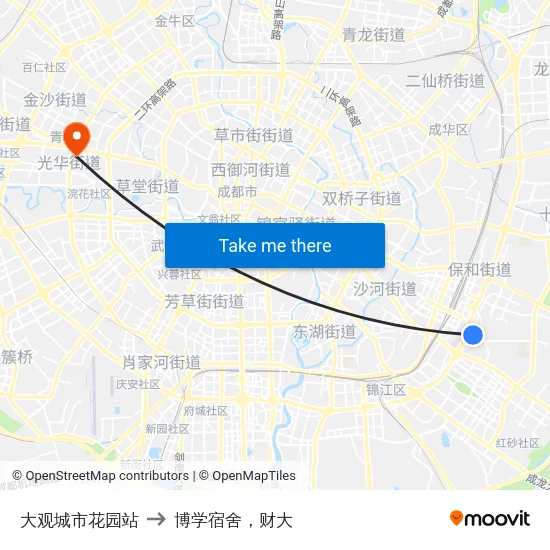 大观城市花园站 to 博学宿舍，财大 map