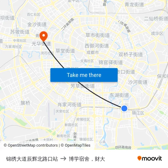 锦绣大道辰辉北路口站 to 博学宿舍，财大 map