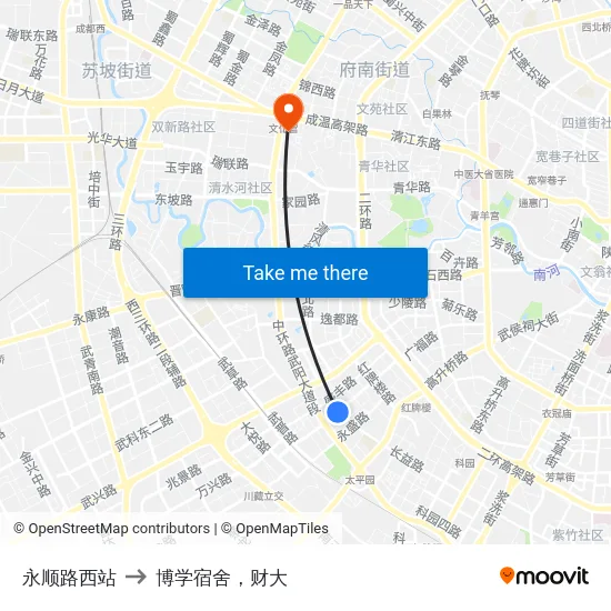 永顺路西站 to 博学宿舍，财大 map