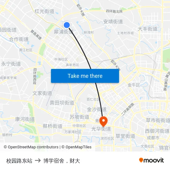 校园路东站 to 博学宿舍，财大 map