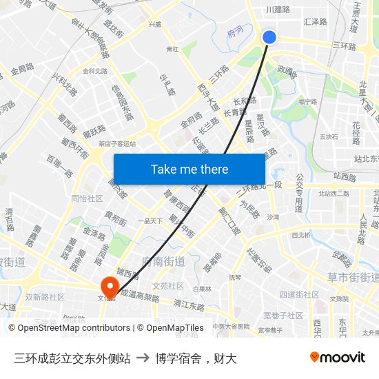 三环成彭立交东外侧站 to 博学宿舍，财大 map