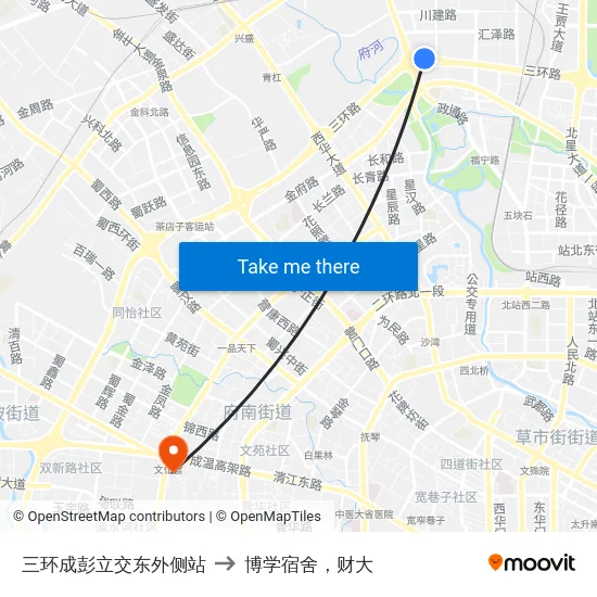三环成彭立交东外侧站 to 博学宿舍，财大 map
