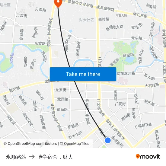 永顺路站 to 博学宿舍，财大 map