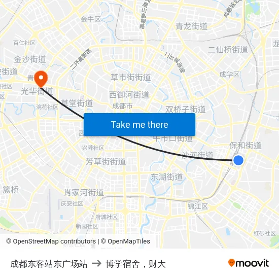 成都东客站东广场站 to 博学宿舍，财大 map
