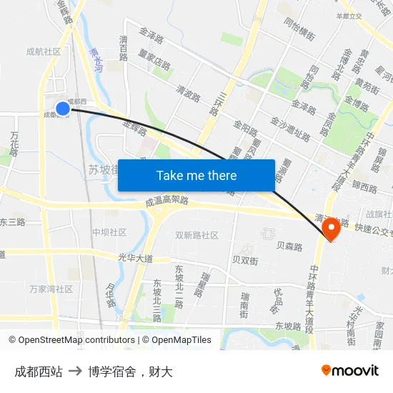 成都西站 to 博学宿舍，财大 map