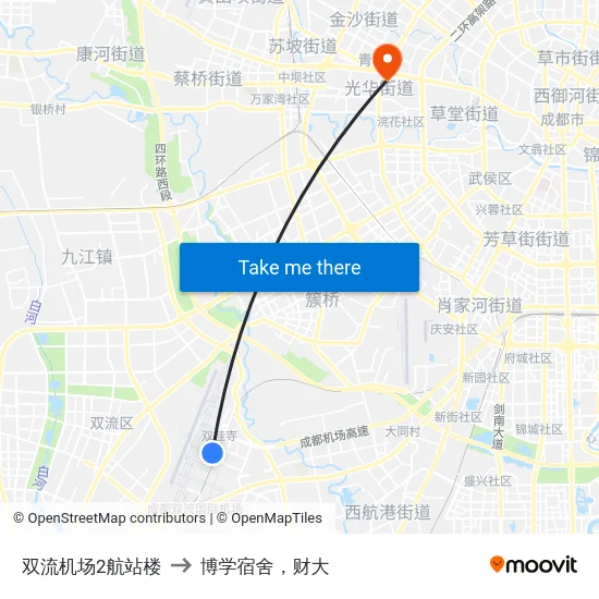 双流机场2航站楼 to 博学宿舍，财大 map