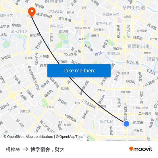 桐梓林 to 博学宿舍，财大 map