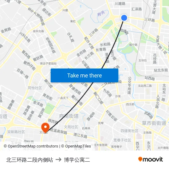 北三环路二段内侧站 to 博学公寓二 map