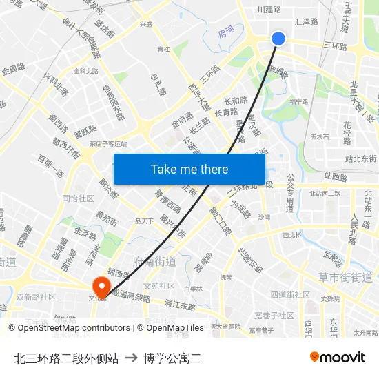 北三环路二段外侧站 to 博学公寓二 map