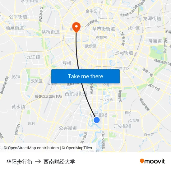 华阳步行街 to 西南财经大学 map
