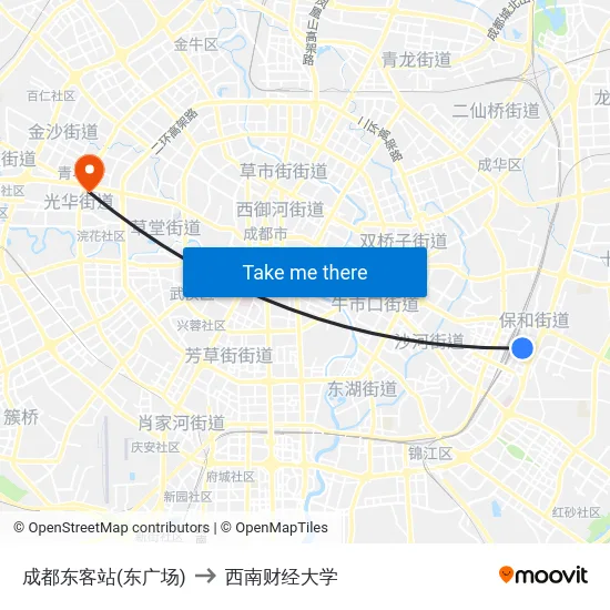 成都东客站(东广场) to 西南财经大学 map