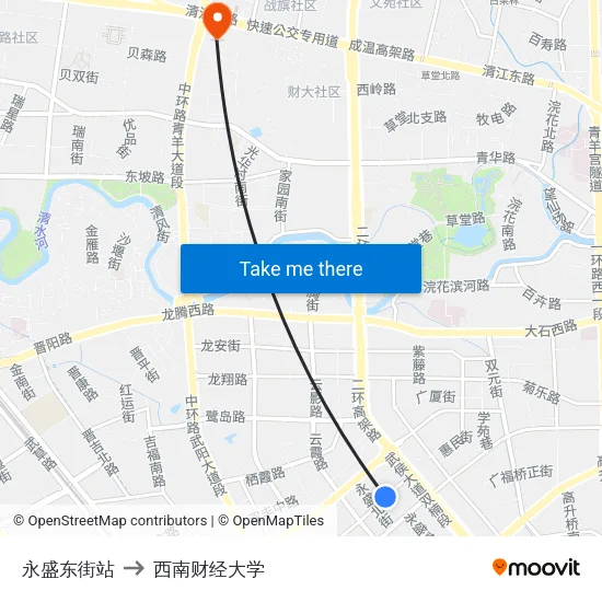 永盛东街站 to 西南财经大学 map