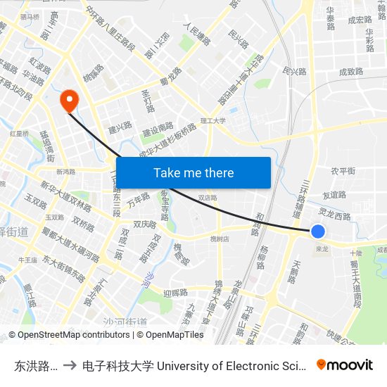 东洪路中段站 to 电子科技大学 University of Electronic Science and Technology of China map