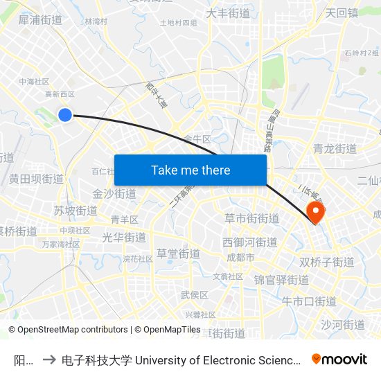 阳光街 to 电子科技大学 University of Electronic Science and Technology of China map