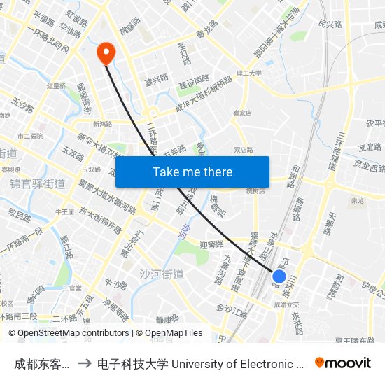 成都东客站(东广场) to 电子科技大学 University of Electronic Science and Technology of China map