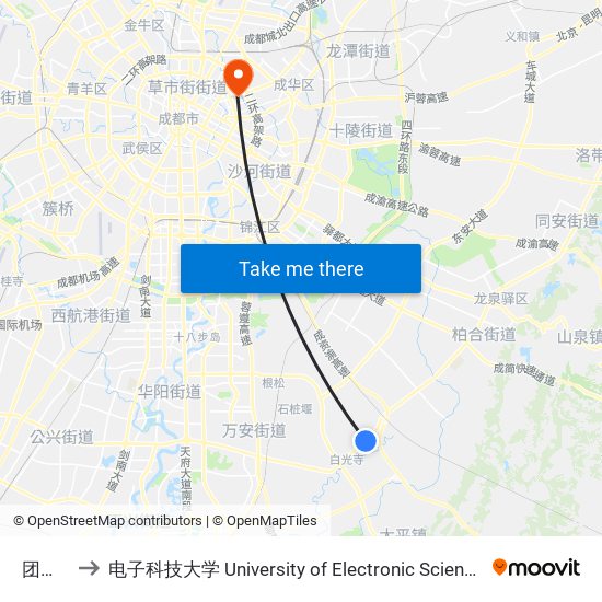 团山村委 to 电子科技大学 University of Electronic Science and Technology of China map