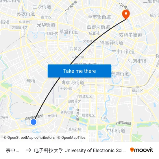 宗申流溪别院 to 电子科技大学 University of Electronic Science and Technology of China map