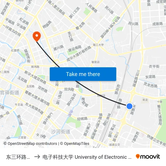 东三环路四段外侧站 to 电子科技大学 University of Electronic Science and Technology of China map