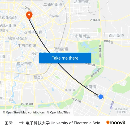 国际城路口 to 电子科技大学 University of Electronic Science and Technology of China map