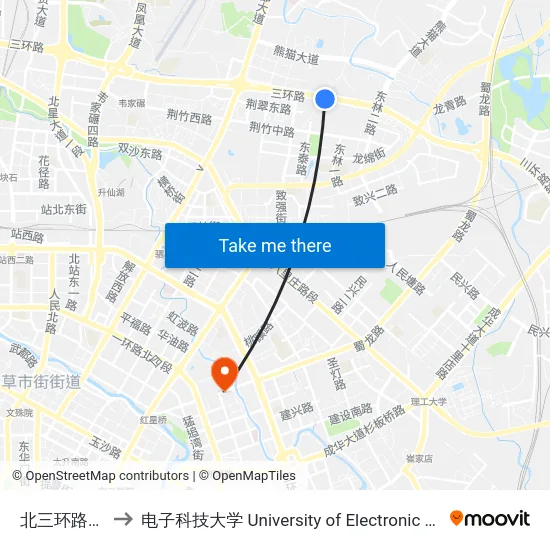 北三环路四段内侧站 to 电子科技大学 University of Electronic Science and Technology of China map
