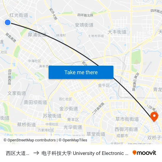 西区大道尚雅路口站 to 电子科技大学 University of Electronic Science and Technology of China map