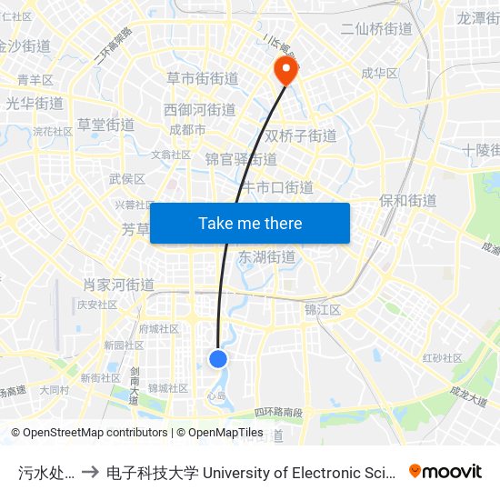 污水处理厂站 to 电子科技大学 University of Electronic Science and Technology of China map