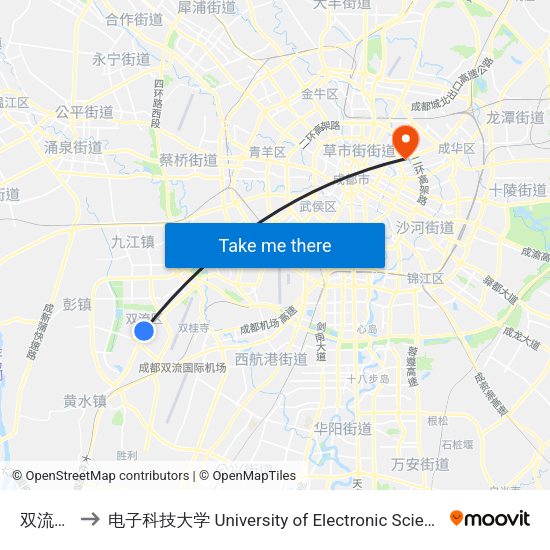 双流中医院 to 电子科技大学 University of Electronic Science and Technology of China map