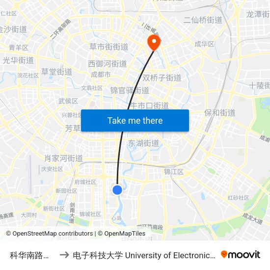 科华南路府城大道口站 to 电子科技大学 University of Electronic Science and Technology of China map