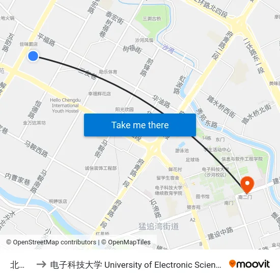 北门车站 to 电子科技大学 University of Electronic Science and Technology of China map
