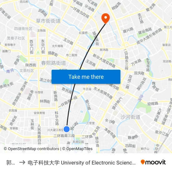 郭家桥 to 电子科技大学 University of Electronic Science and Technology of China map