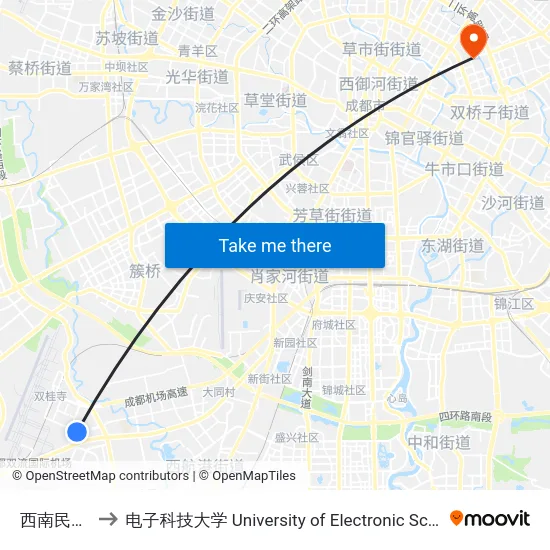 西南民大新校区 to 电子科技大学 University of Electronic Science and Technology of China map
