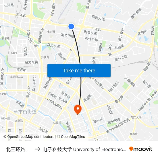 北三环路三段东内侧站 to 电子科技大学 University of Electronic Science and Technology of China map