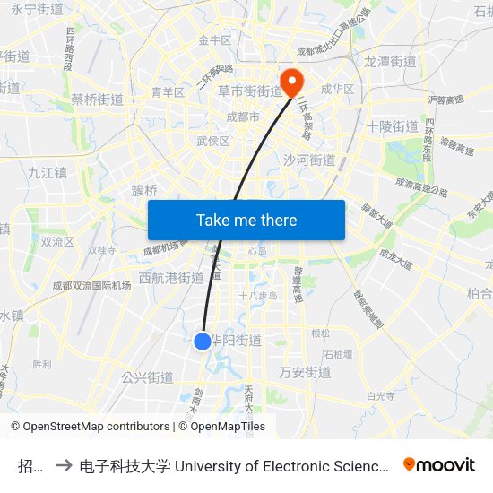 招呼站 to 电子科技大学 University of Electronic Science and Technology of China map