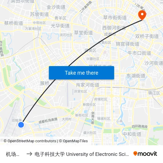 机场股份公司 to 电子科技大学 University of Electronic Science and Technology of China map