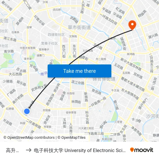 高升桥东路站 to 电子科技大学 University of Electronic Science and Technology of China map