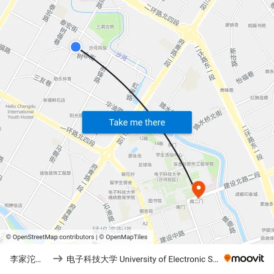 李家沱公交宿舍站 to 电子科技大学 University of Electronic Science and Technology of China map