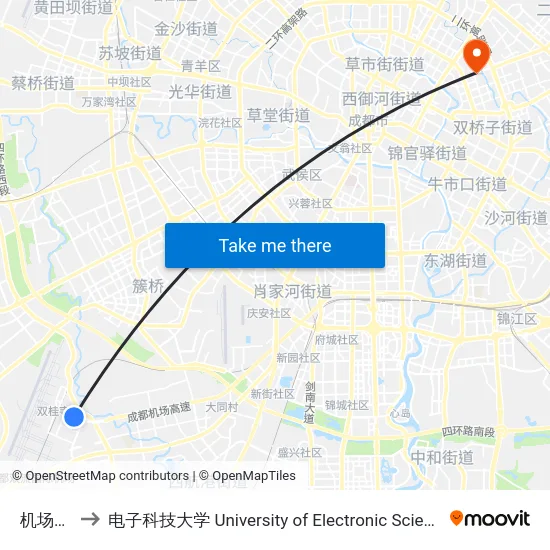 机场东一路 to 电子科技大学 University of Electronic Science and Technology of China map