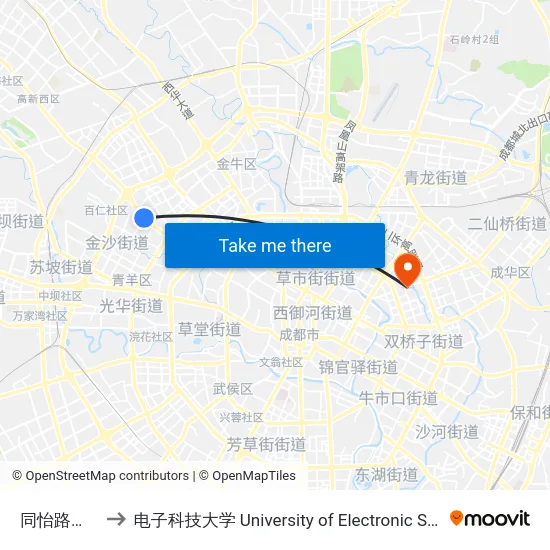 同怡路蜀汉路口站 to 电子科技大学 University of Electronic Science and Technology of China map