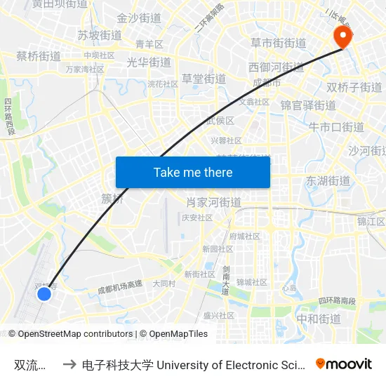 双流国际机场 to 电子科技大学 University of Electronic Science and Technology of China map