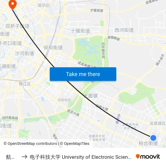 航天医院 to 电子科技大学 University of Electronic Science and Technology of China map