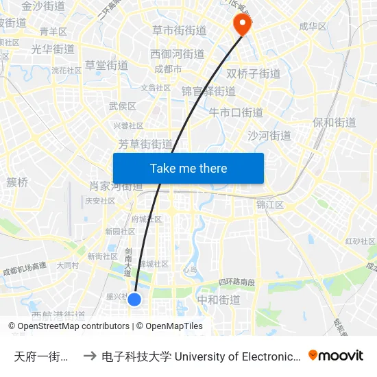 天府一街剑南大道口站 to 电子科技大学 University of Electronic Science and Technology of China map