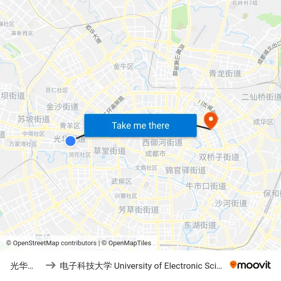 光华大道口站 to 电子科技大学 University of Electronic Science and Technology of China map