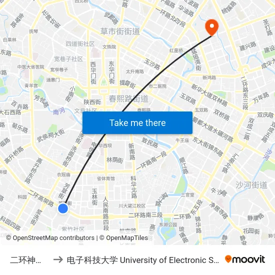 二环神仙树路口站 to 电子科技大学 University of Electronic Science and Technology of China map