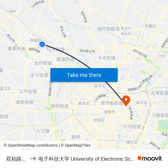 双柏路天勤路口 to 电子科技大学 University of Electronic Science and Technology of China map
