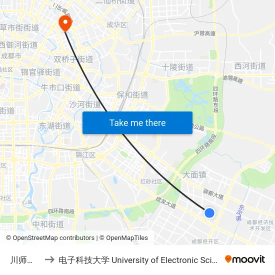 川师成龙校区 to 电子科技大学 University of Electronic Science and Technology of China map