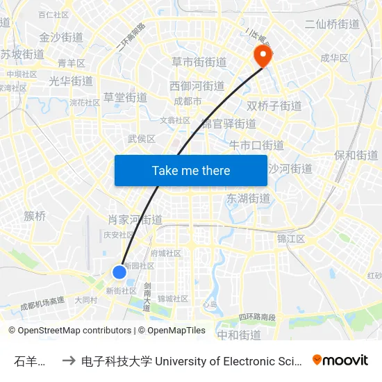 石羊场公交站 to 电子科技大学 University of Electronic Science and Technology of China map